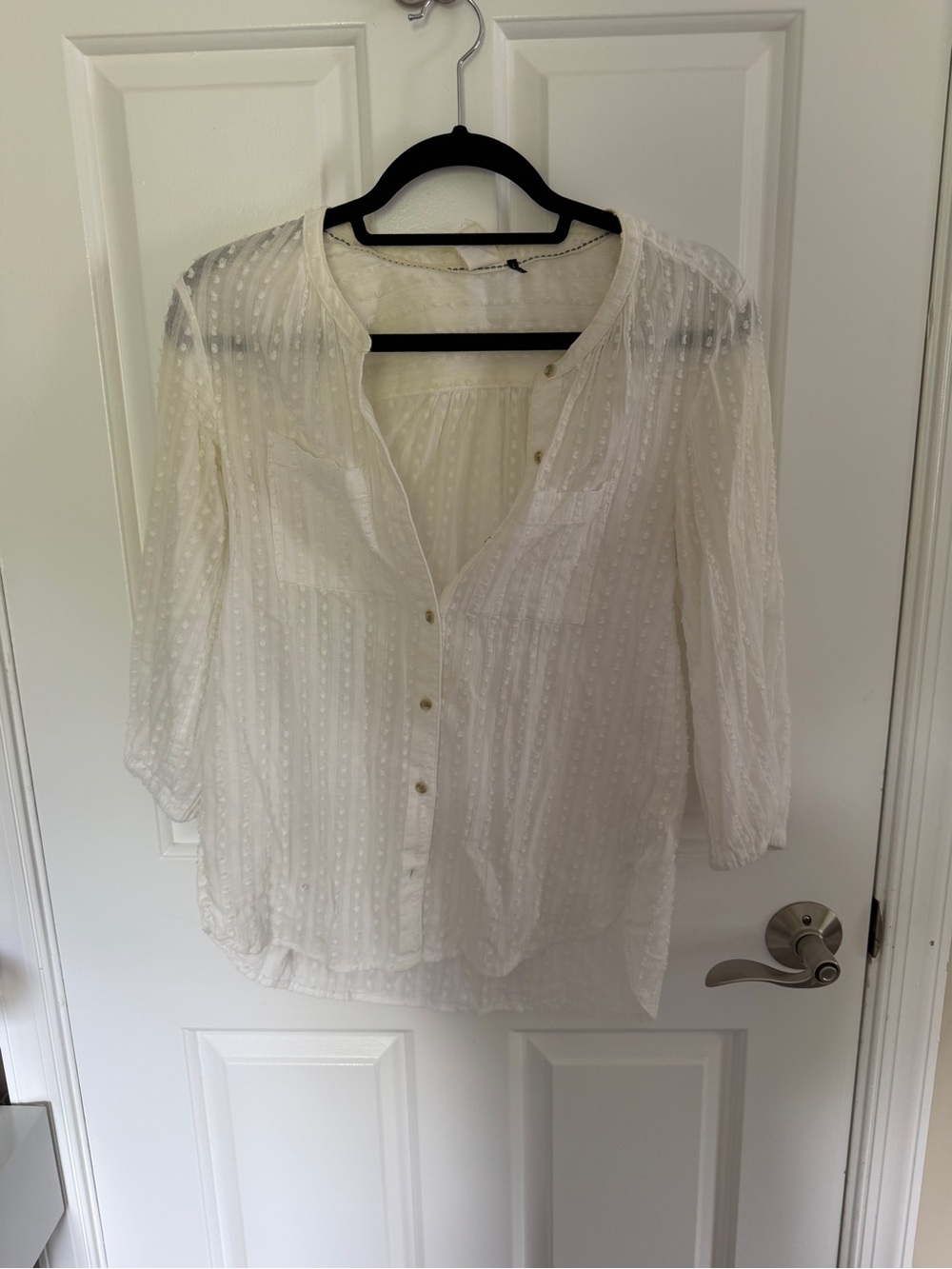 Lightweight White Swiss Dot Button-Front Blouse